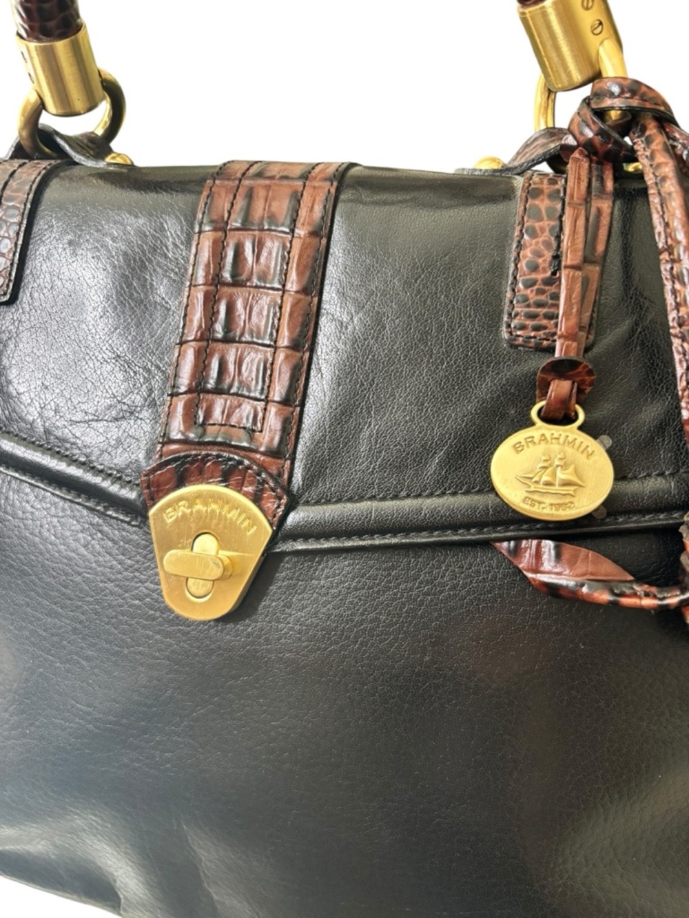 Brahmin Julia Rose Black Lady Tuscan Satchel Croc Embossed Leather Rare - Picture 5 of 10